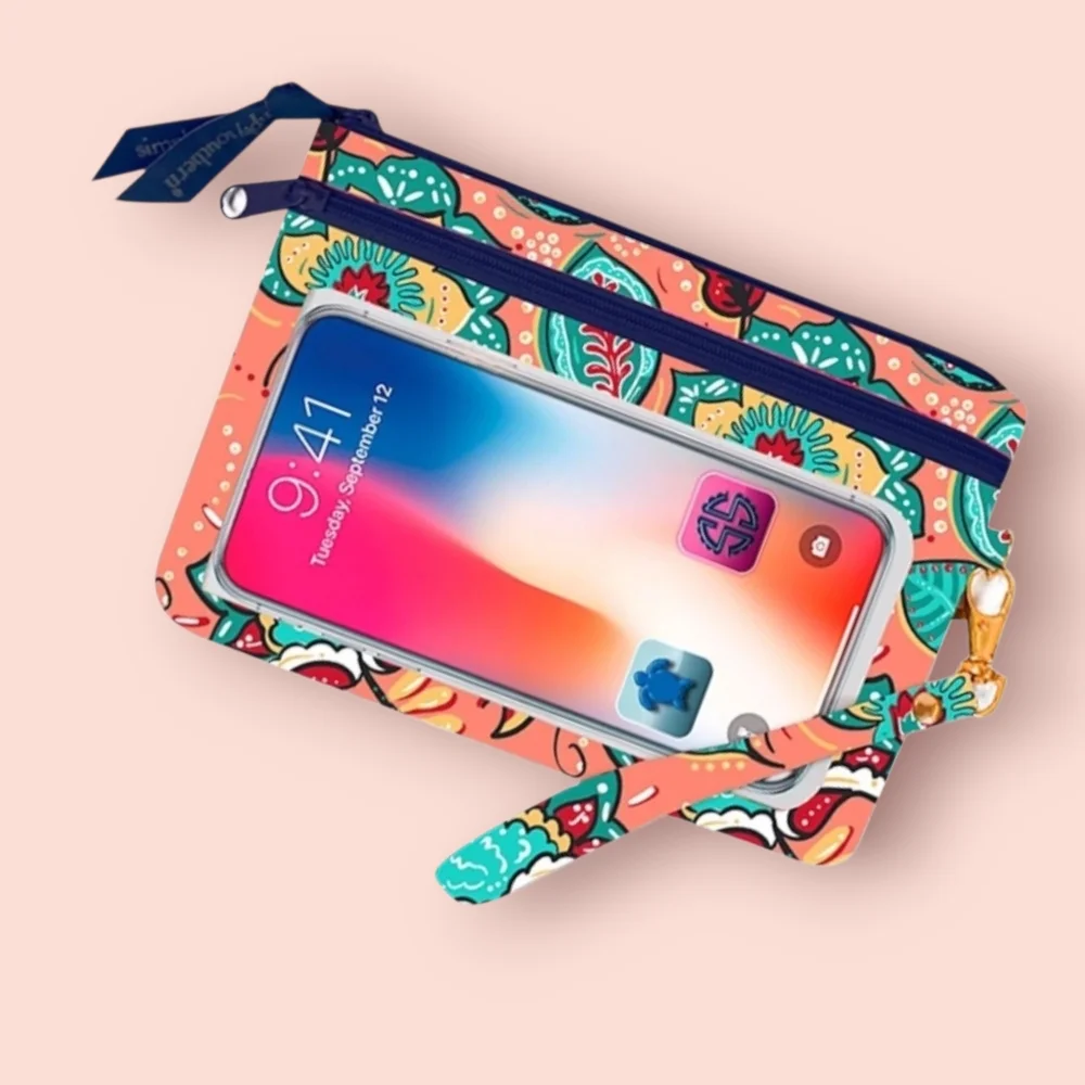 Simply Southern Coral and Navy Floral Set Key Ring ID And Wristlet Pouch NWT